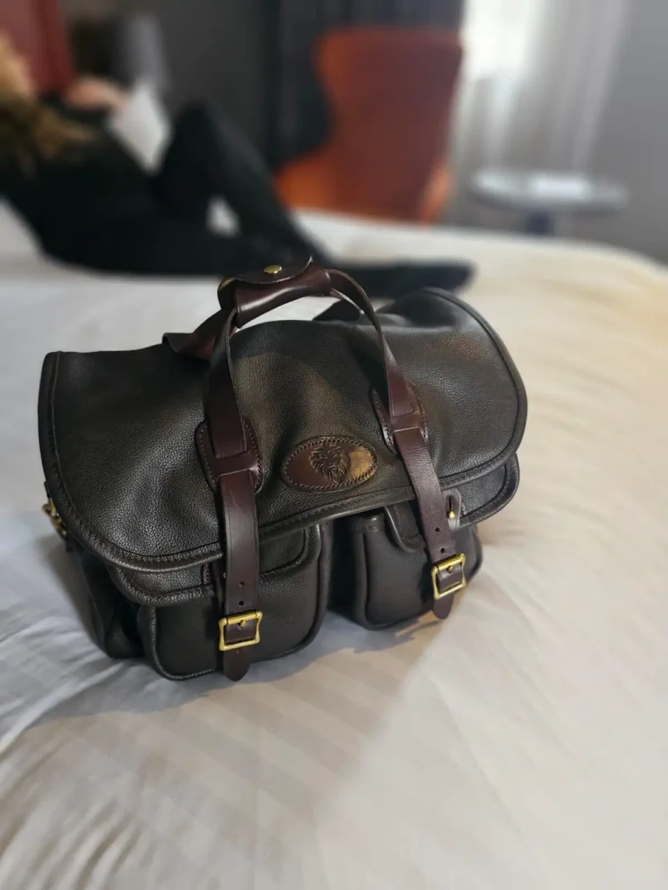 Black leather bag with brown handles and brass fittings.